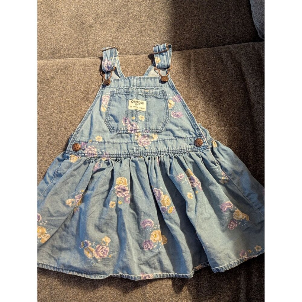 Oshkosh Bgosh Toddler 3T Denim Floral Jumper Dress With Adjustable Straps & Plea